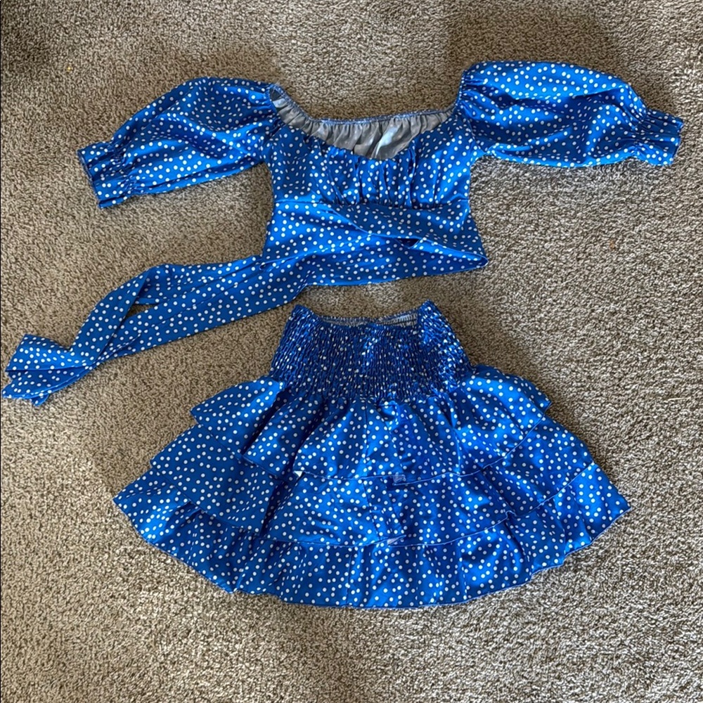 Blue Polka Dot Crop Top and Skirt Set